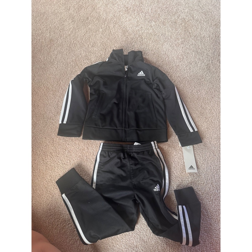 Adidas Toddler Boys 2-Piece Tracksuit Black White 3-Stripe Jacket Pants Set 4T